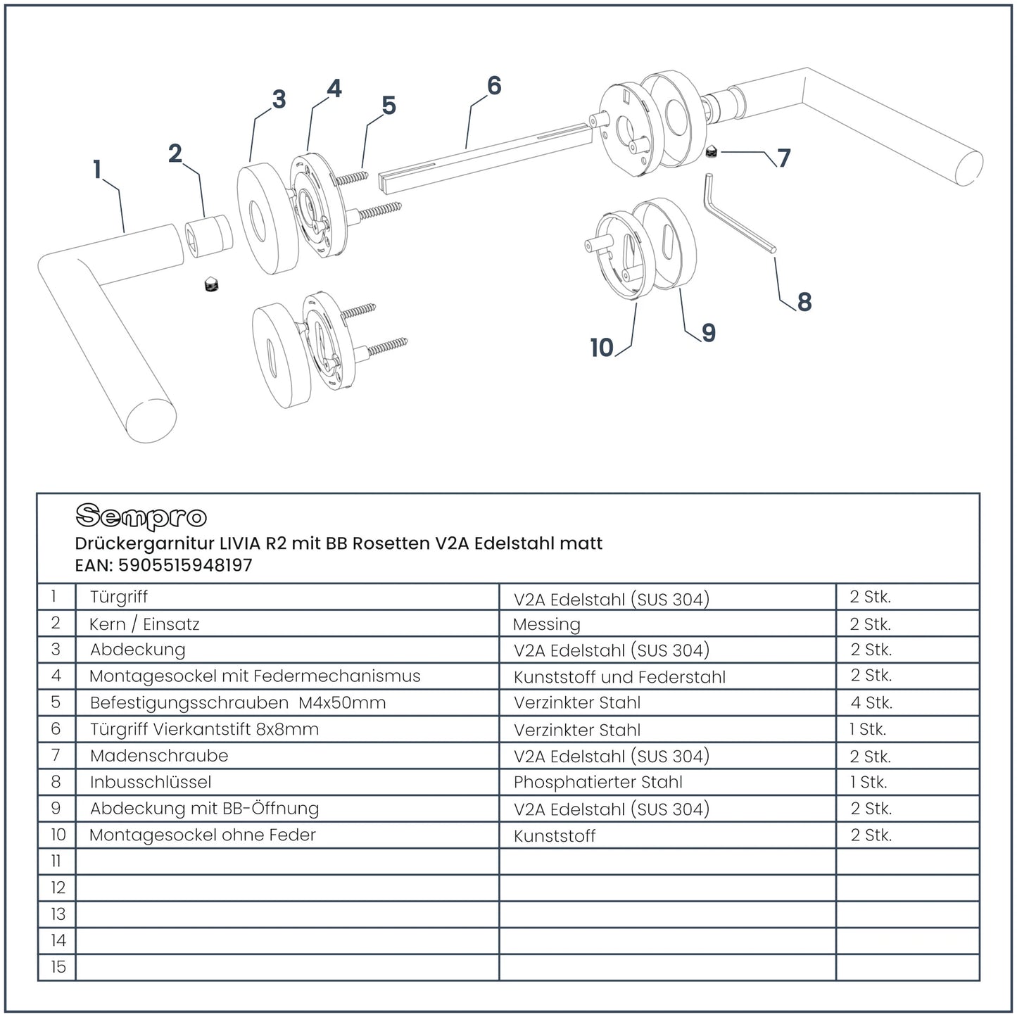 Drückergarnitur LIVIA R2 BB Buntbart – Explosionszeichnung mit Materialdetails und Komponentenübersicht.