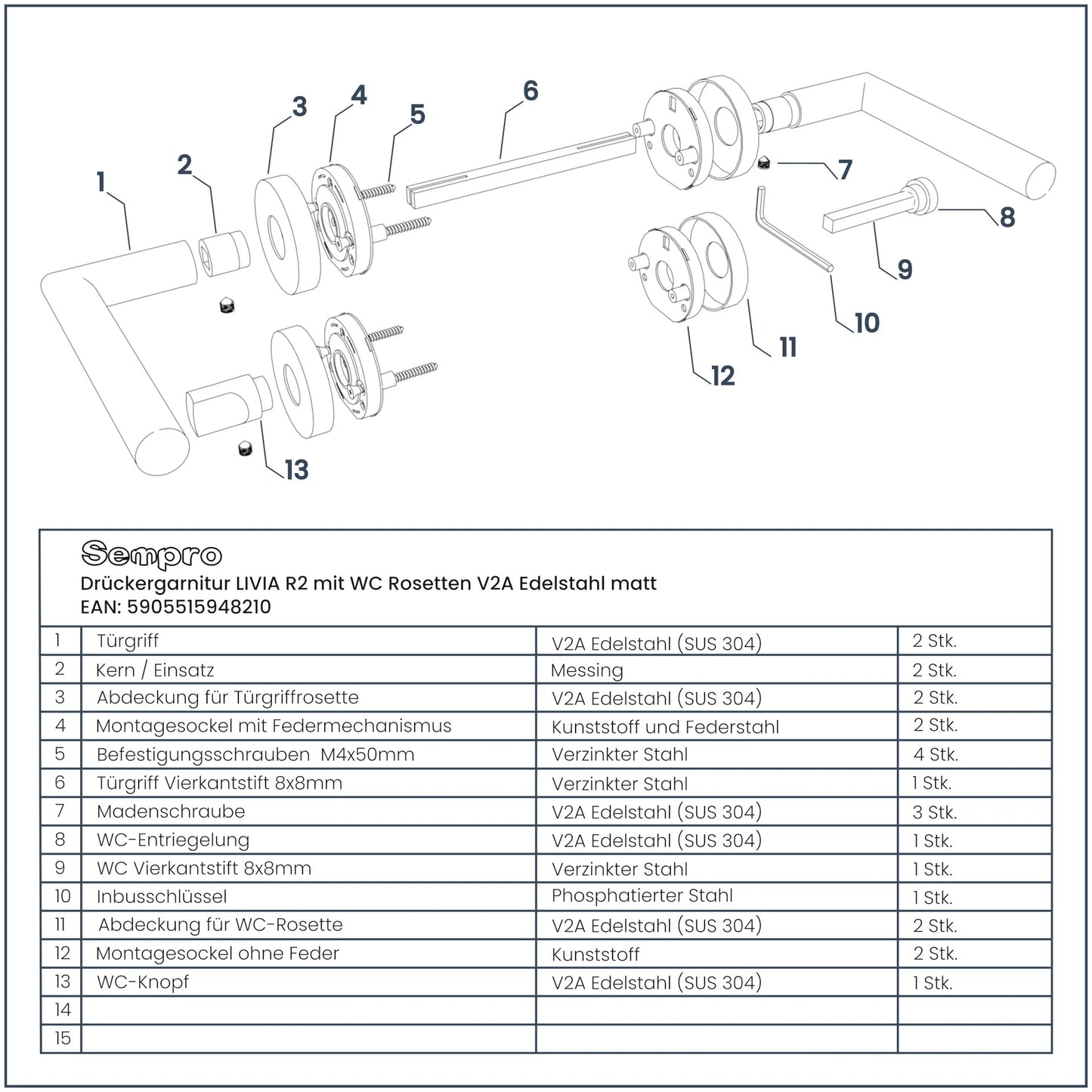 Drückergarnitur LIVIA R2 WC Bad – Explosionszeichnung mit Materialdetails und Komponentenübersicht.