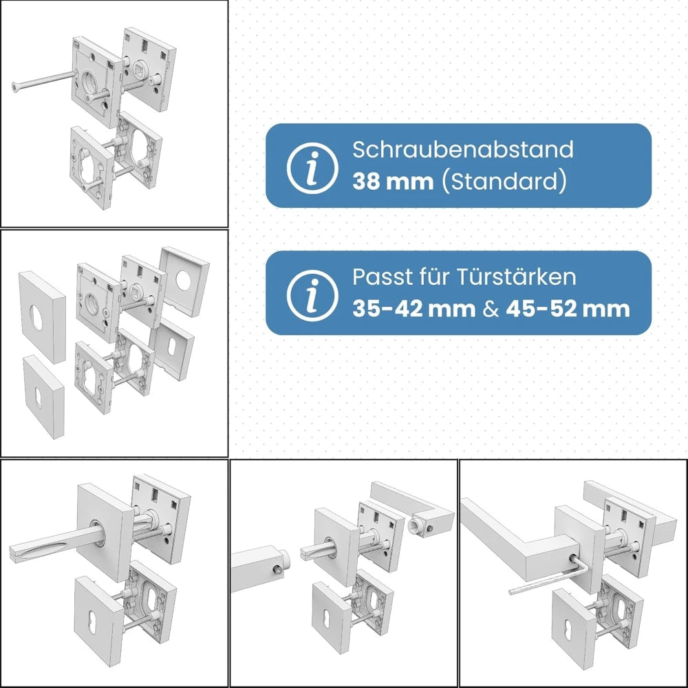 Drückergarnitur XAVIER QR2 PZ – 5-Schritte-Montageanleitung mit technischer Zeichnung.