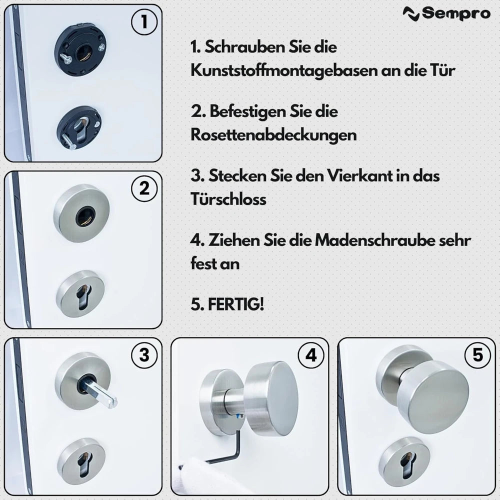 FLACHKNOPF R2 Drehbar – Einfache 5-Schritte-Montage mit Schutzbasen für stabilen Halt und kratzfreie Installation.