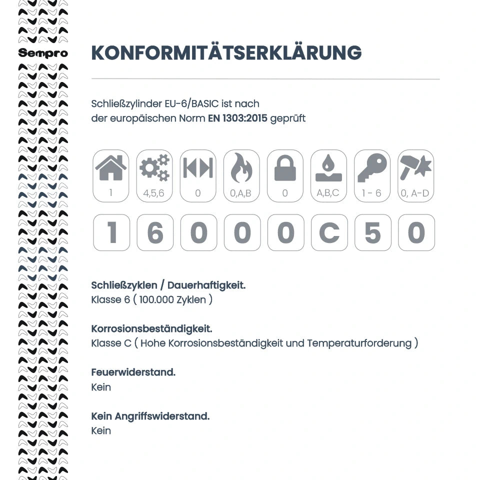 Schließzylinder 30/35 Messing Vernickelt mit 3 Schlüsseln – Konformitätserklärung nach EN 1303:2015 für Sicherheitszertifizierung.