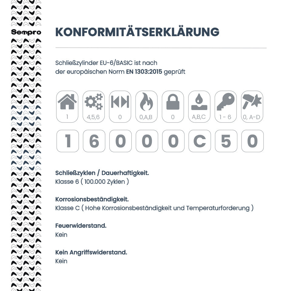 Schließzylinder 35/35 Messing Vernickelt mit 3 Schlüsseln – Konformitätserklärung nach EN 1303:2015 für Sicherheitszertifizierung.